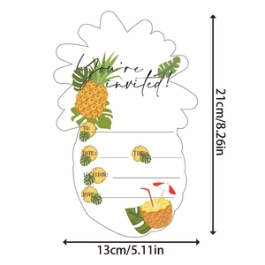 Dettaglio dell'invito per festa a forma di ananas con campi testo e misura di 21cm
