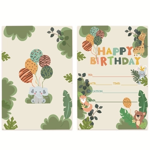 Cartes d'invitation anniversaire animaux de la jungle avec motifs éléphant et girafe
