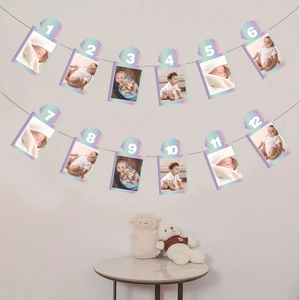Iridescent Shell Baby First Birthday Photo Banner Ocean Mermaid Theme Monthly Growth Record Paper Bunting Garland Decoration