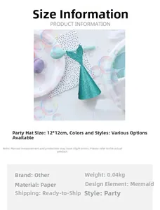 Detail view of a teal mermaid tail party hat with sequins, 12x12cm size specifications