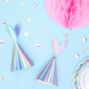 Detail view of laser mermaid tail party hats with shimmering holographic texture and elastic straps