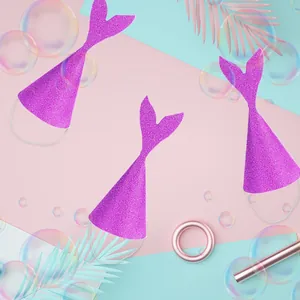 Three purple sequin mermaid party hats with fish tail tops and elastic chin straps