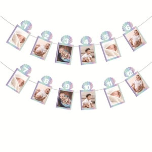 Iridescent mermaid shell photo banner for 12 months baby milestone party decor