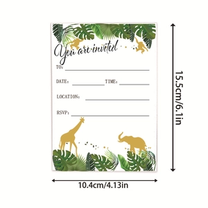 Jungle animal theme kids birthday party invitation card with green leaves and gold icons