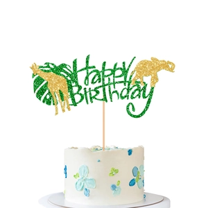 Jungle Animal Happy Birthday Cake Topper Glitter Paper Monstera Leaf Giraffe Elephant Green Gold Party Decoration Supplies