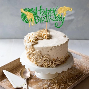 Jungle theme Happy Birthday cake topper with glitter green leaves and gold animals