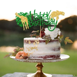 Jungle animal happy birthday cake topper with gold glitter giraffe and elephant