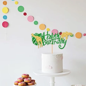 Jungle animal themed cake topper with giraffe elephant silhouette and Happy Birthday sign