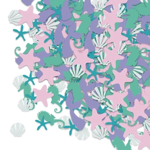 Mermaid ocean theme party confetti with sea horse starfish and shells in pastel colors