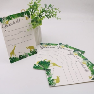 Tropical jungle animals birthday invitation cards featuring giraffe and elephant silhouettes