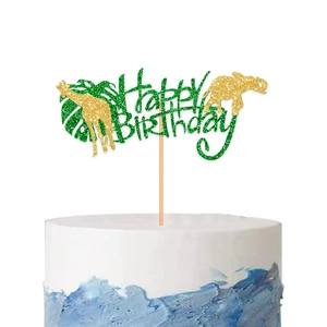 Jungle themed Happy Birthday cake topper with green glitter palm leaves and animals