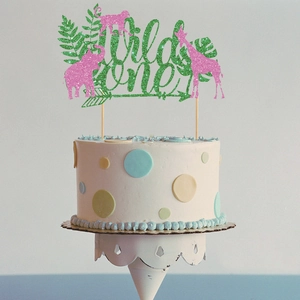 Glinsterende Wild One taarttopper met jungledier-silhouetten voor de eerste verjaardag