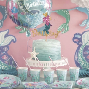 Mermaid first birthday cake topper set with gold glitter and pink blue gradient details