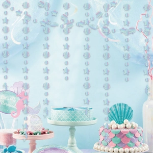 Iridescent mermaid party streamers featuring laser-cut seashells and starfish shapes