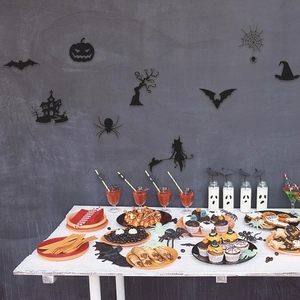 Halloween black silhouette decorations featuring bats, pumpkins and haunted house for wall decor