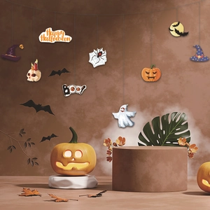 Halloween party decoration set with hanging ghosts bats pumpkins and Happy Halloween banners