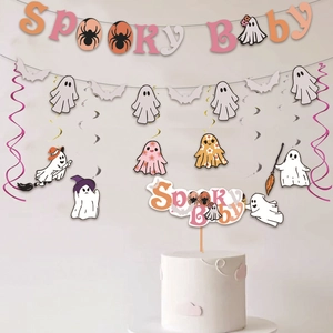 Cute Spooky Baby Halloween decoration set with pink banner, ghost toppers and bat swirls