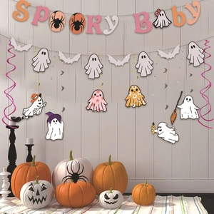 Halloween Spooky Baby banner set with ghosts and pumpkins on white wooden background