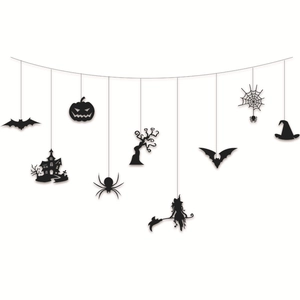 Halloween party silhouette hanging decorations featuring bats, pumpkins and spiders