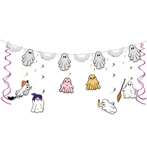 Halloween hanging decor set featuring cartoon ghosts, bats and pink spiral streamers