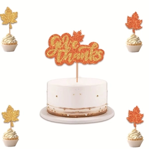 Décoration de Gâteau Action de Grâce Give Thanks Et Pics À Cupcakes Feuille d'Érable Papier Pailleté Fête Automne