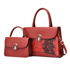 Two-piece large capacity red shoulder bag set with crocodile pattern and metal lock