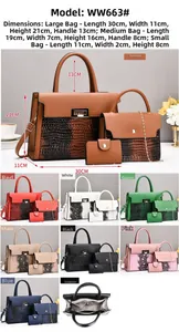 Three-piece handbag set details showing tote, crossbody bag, and wallet with dimensions