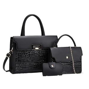Three-piece black PU leather handbag set with croc-embossed texture and gold hardware
