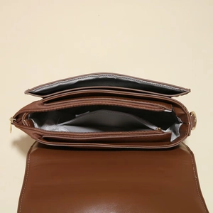 Brown PU leather square crossbody bag with multi-compartment interior and gold zippers