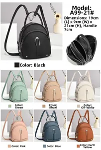 Collage of mini litchi PU leather backpacks in seven colors showing sizes and interior