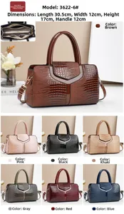 Vues détaillées du sac à main motif crocodile avec dimensions et sept couleurs