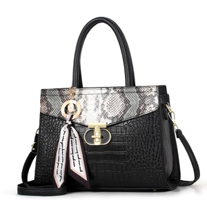 Black snakeskin and crocodile texture handbag with gold buckle and silk scarf