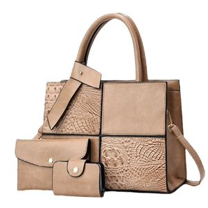 3-piece khaki crocodile embossed tote bag set with matching wallet and card holder