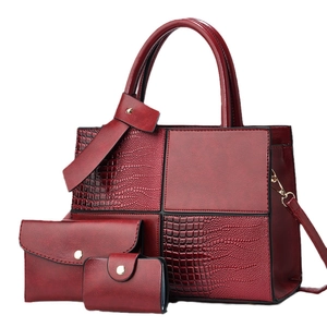 3-piece burgundy handbag set with crocodile pattern patchwork and golden hardware