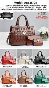 Detailed view of 3-piece bag set with checkered texture and size dimensions guide