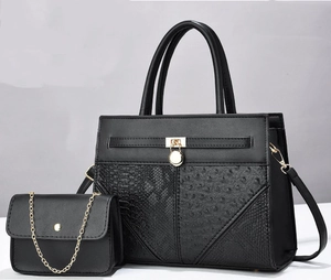 Detail of black PU leather handbag set with mixed ostrich and snakeskin textures