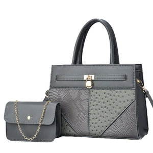 Gray textured faux leather tote bag and crossbody bag set with gold chain and metal hardware