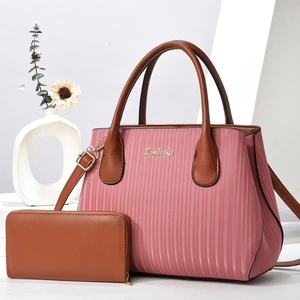 Ensemble sac cabas en cuir PU à rayures roses avec portefeuille marron assorti