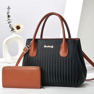 Sac À Main Fourre-Tout Et Long Portefeuille Pour Femmes Cuir PU Texture Plissée Verticale Couleur Contrastée Mode