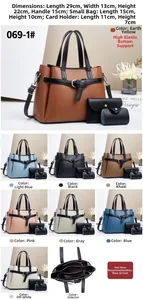 Three-piece women's handbag set featuring detailed dimensions and 8 color options