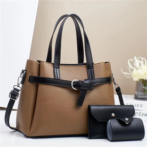 Three-piece fashion handbag set featuring large brown and black tote bag for women