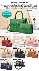 Vue détaillée du sac à main et pochette en similicuir plissé avec dimensions précises