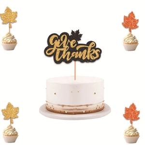 Thanksgiving maple leaf cake topper set with Give Thanks sign for party dessert decoration