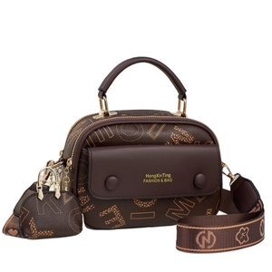 Braune Vintage-Umhängetasche mit Jacquard-Gurt und kleinem Taschenanhänger-Set