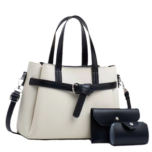 Three-piece women bag set with large white tote, black clutch and round coin purse pouch
