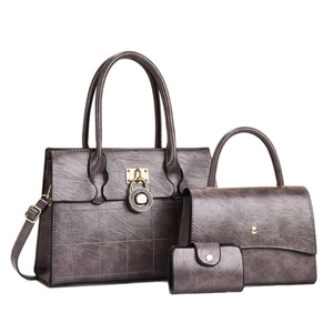Three-piece retro messenger bag set in dark grey stone pattern faux leather with gold buckle