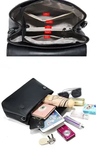 Internal view of black pebble leather handbag showing multiple storage compartments and capacity