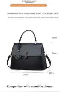 Detailed view of black litchi pattern handbag showing size metrics and interior structure