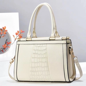 Elegant ivory faux leather tote bag with crocodile texture and golden hardware