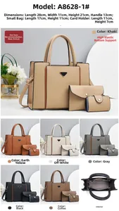 Close-up of three-piece tote set featuring pebbled faux leather and metal triangle detail